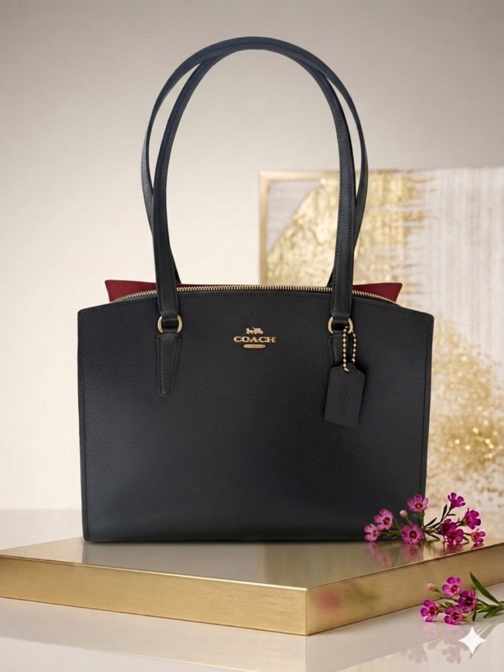 Coach Black Pebbled Leather Tote with Red Interior